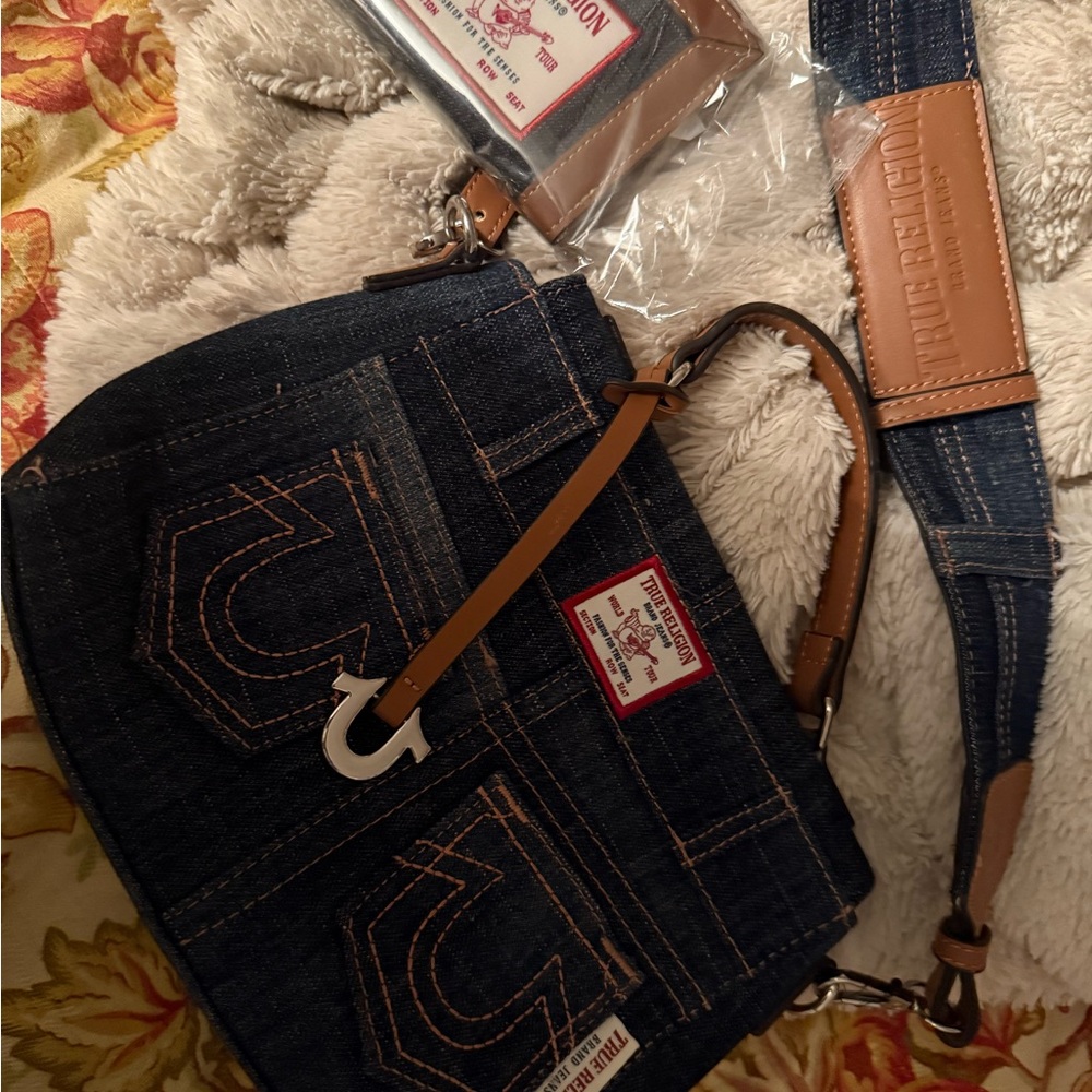 True Religion Dark Denim Messenger Bag with Tan Trim and matching wallet